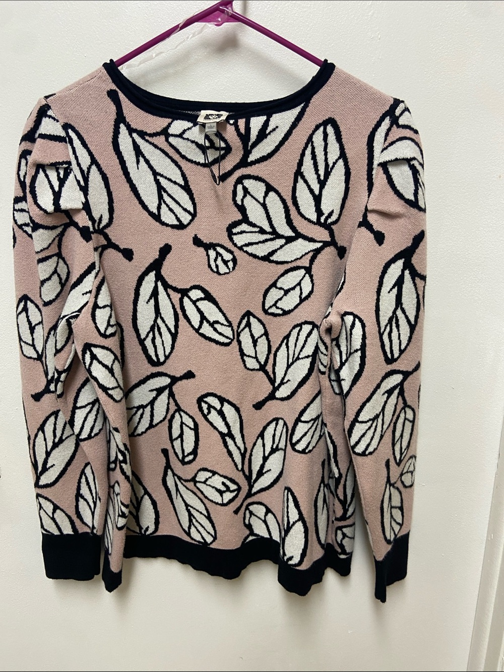 Anne Klein Pink Leaf-Print Crewneck Sweater with Black Trim